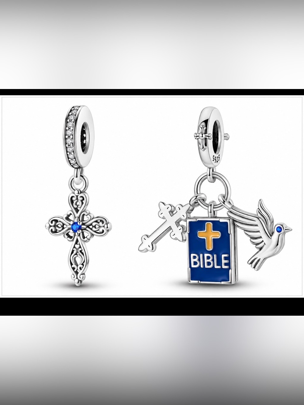2 piece bundle Sterling Silver Blue Bible & Cross Dangle Charms Pandora style